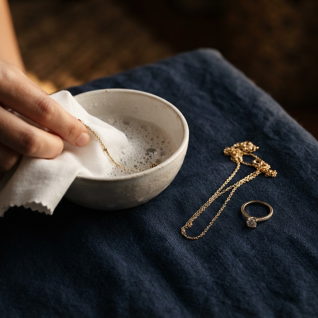 Corrente e anel de ouro sendo limpos com flanela macia e água morna