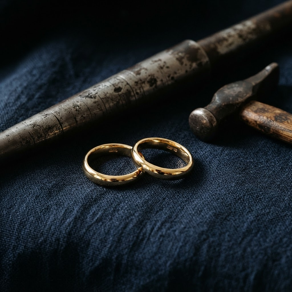 Par de alianças de ouro 18k recebendo acabamento na bancada